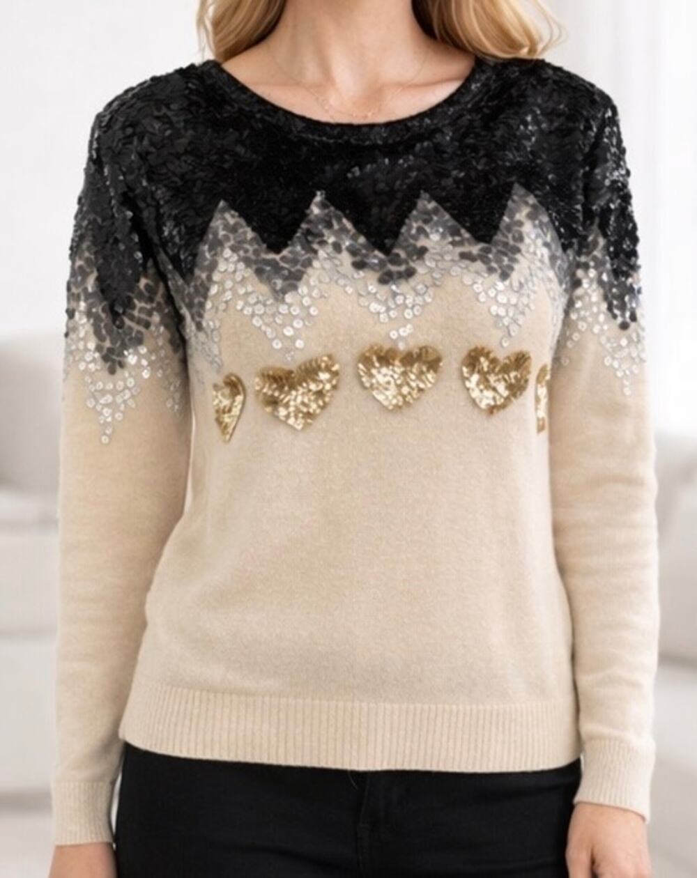 Twinset Milano Simona Barbieri XS Sequin Heart Chevron Knit Sweater Wool Blend